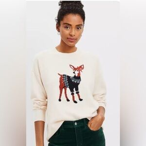 Loft Ivory Sweater with Festive Fawn Motif